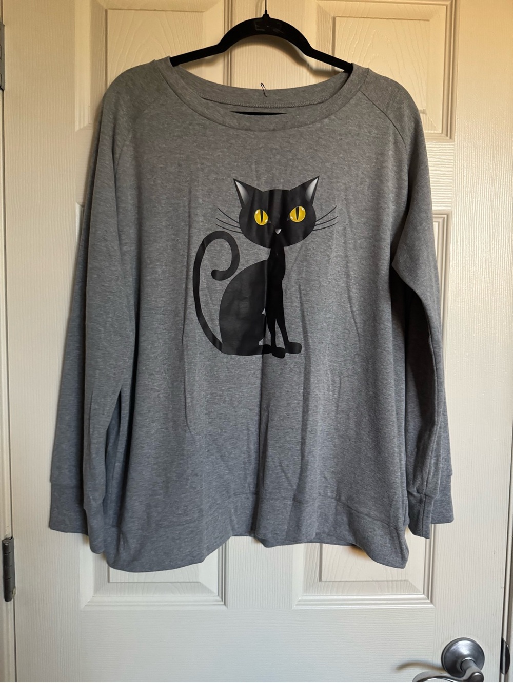 NWT Gray Sweatshirt with Black Cat Graphic With Yellow Eyes, Halloween